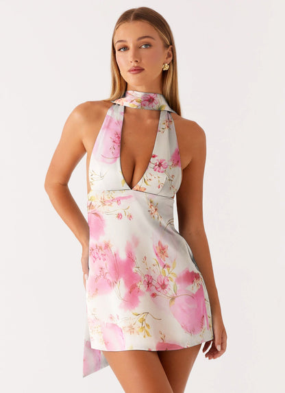 Halter Mini Dress with V-Neck and Backless Sash Detail