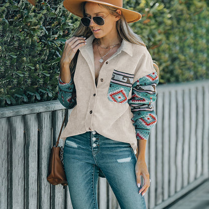 Oversized Corduroy Shacket with Ethnic Print Sleeves