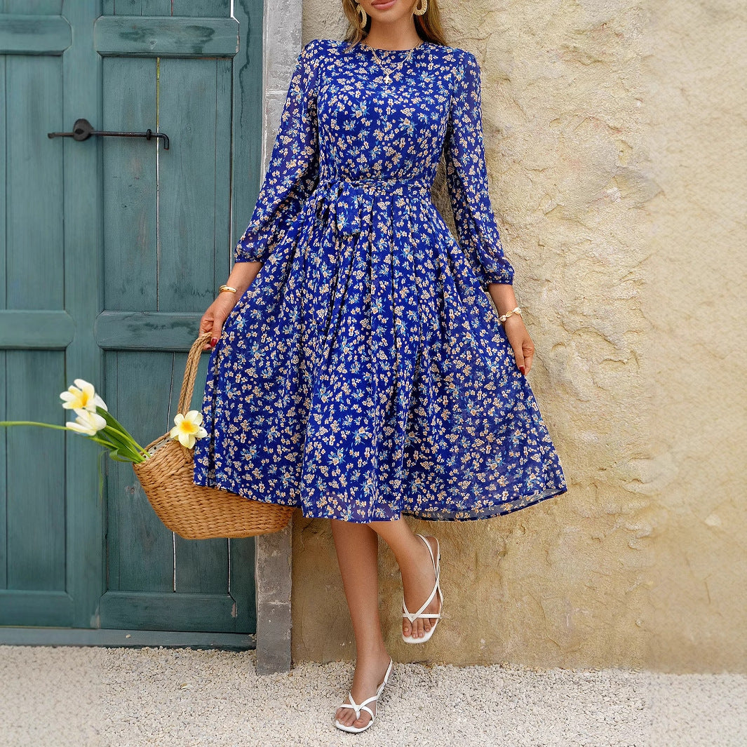 Floral A-Line Midi Dress with Lantern Sleeves
