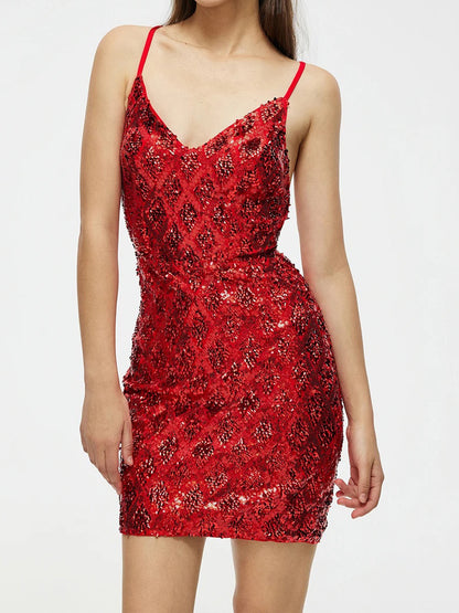 Sequined Bodycon Mini Dress with Deep V-neck