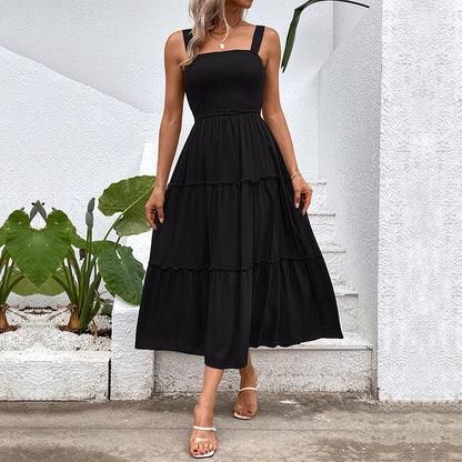Solid A-Line Midi Dress with Smocked Bodice & Tiered Skirt