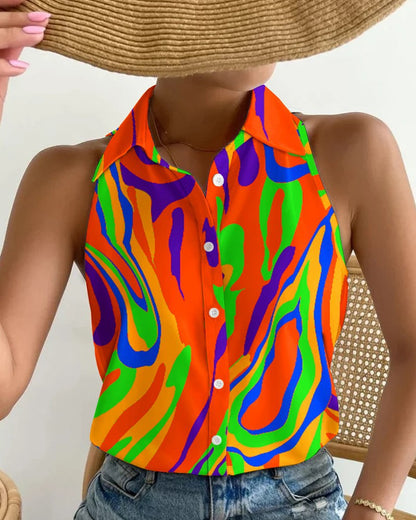 Abstract Print Halter Top with Collared Button Front
