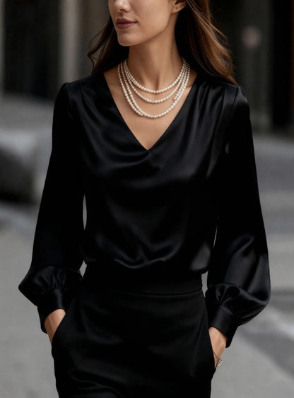 Solid Satin Blouse with V-Neck and Puff Sleeves