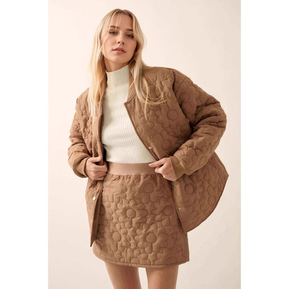 Floral Quilted Jacket and Mini Skirt Set with Stand Collar