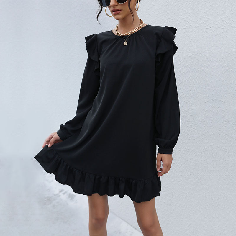 Solid A-Line Mini Dress with Ruffled Shoulders and Flounce Hem