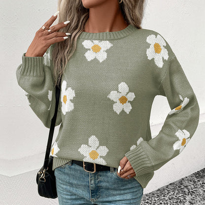 Floral Jacquard Knit Sweater with Round Neck