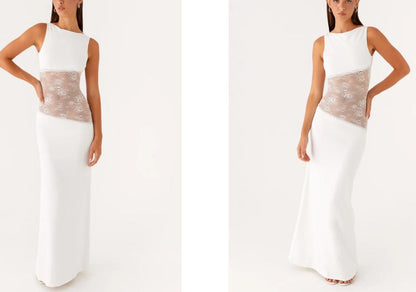 Sleeveless Backless Maxi Dress with Lace Midriff Panel