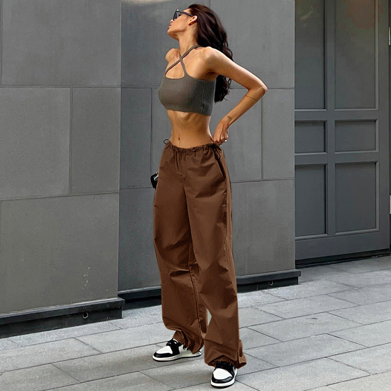 Loose Parachute Trousers with Drawstring Waist and Cuffs