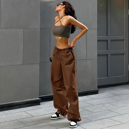 Loose Parachute Trousers with Drawstring Waist and Cuffs