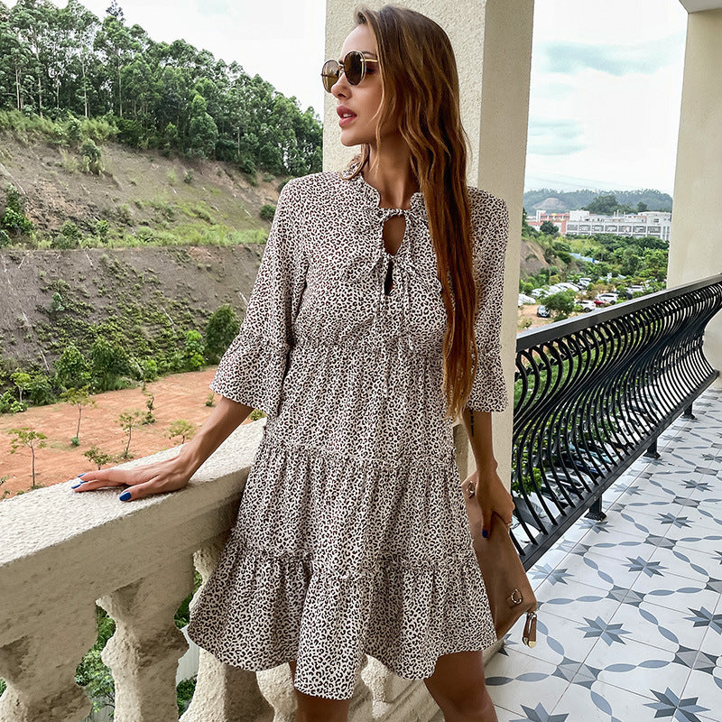 Leopard Print Tiered Mini Dress with Tie-Neck and Bell Sleeves