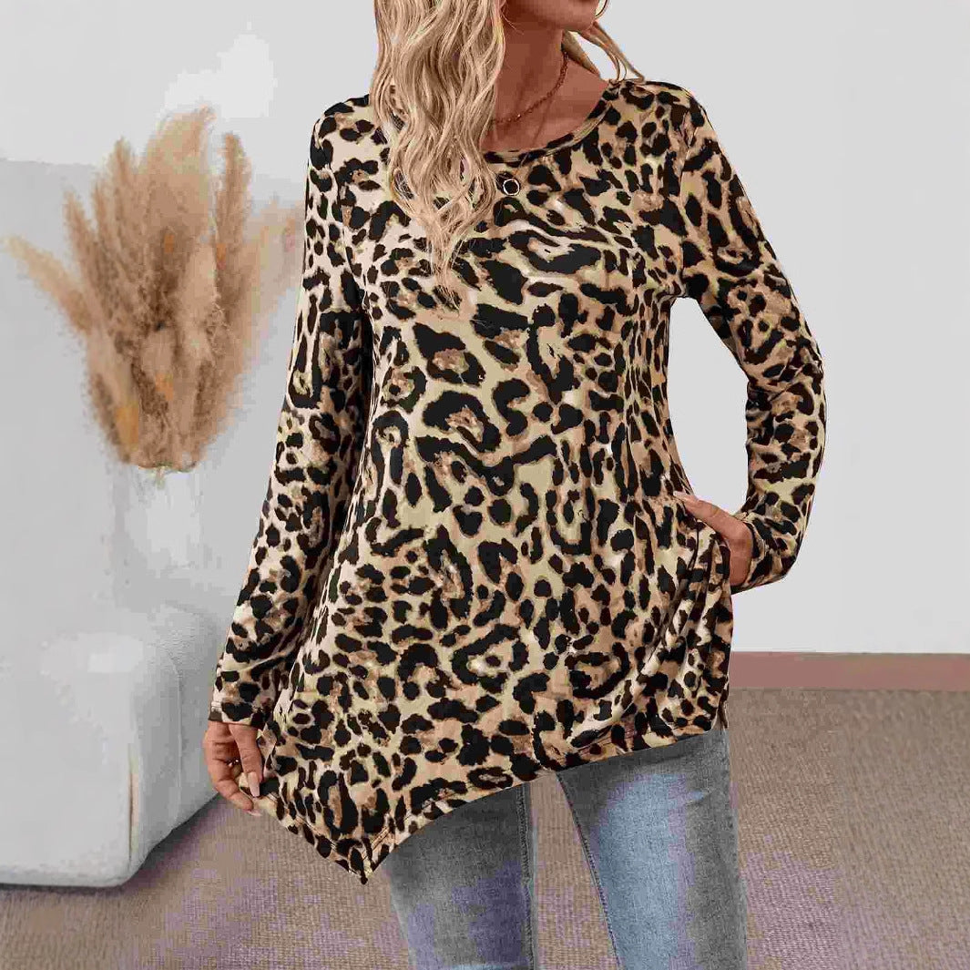 Leopard Print Tunic Top with Loose Fit and Asymmetrical Hem