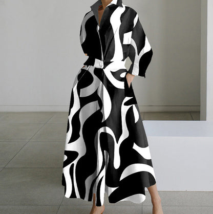 Polka Dot Maxi Shirt Dress with Nine-Quarter Sleeves