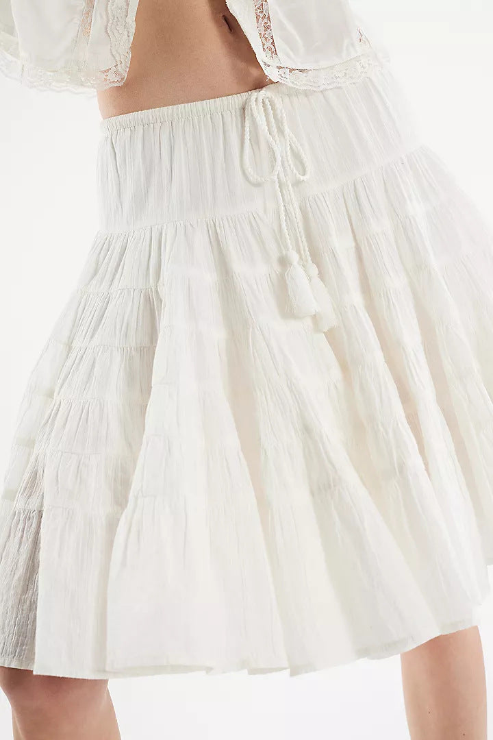 Tiered A-Line Mid Skirt with Drawstring Detail