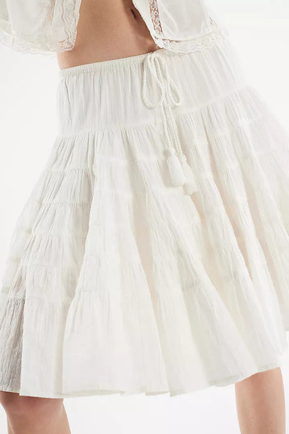 Tiered A-Line Mid Skirt with Drawstring Detail