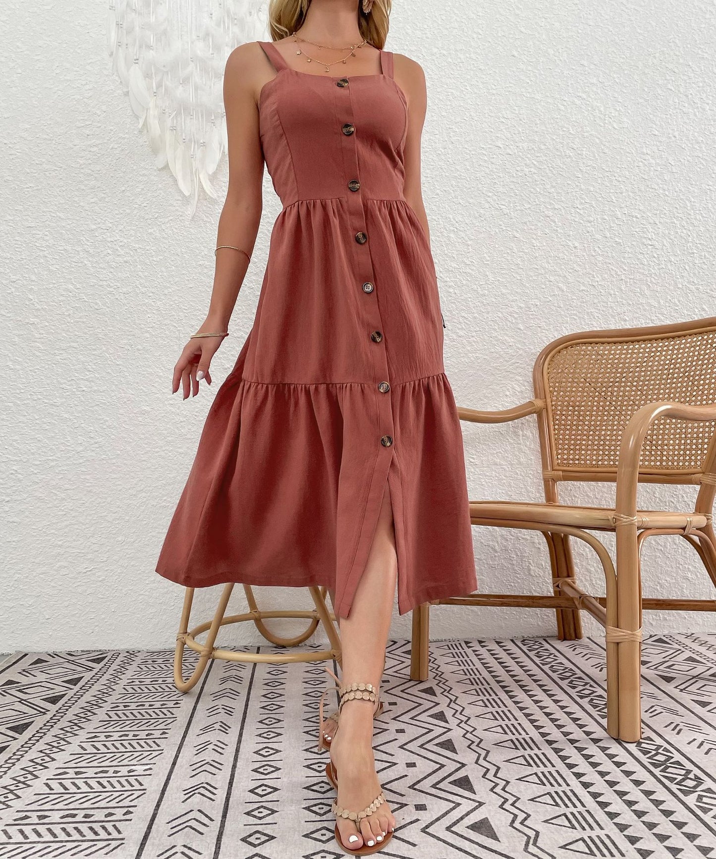 Spaghetti Strap A-Line Midi Dress with Button Front