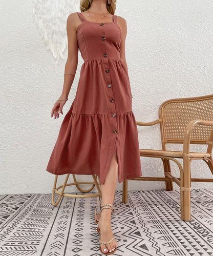 Spaghetti Strap A-Line Midi Dress with Button Front