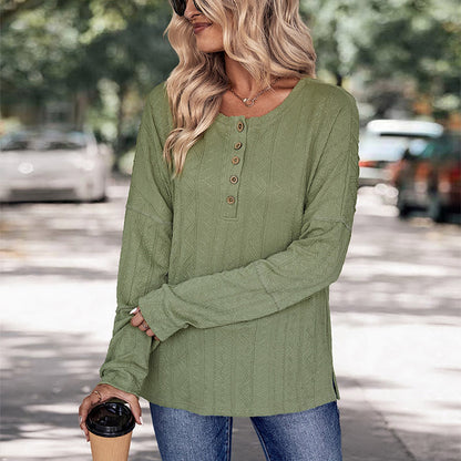 Textured Knit Top with Henley Neck and Long Sleeves