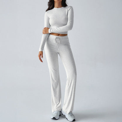 Solid Cropped Long-Sleeve Top & Straight-Leg Pants Loungewear Set