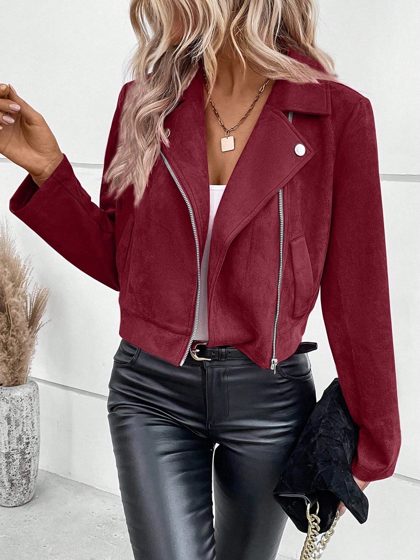 Cropped Suede Moto Jacket with Zipper Front