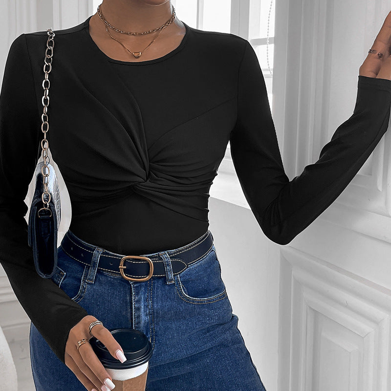 Round Neck Long Sleeve Top with Twisted Front