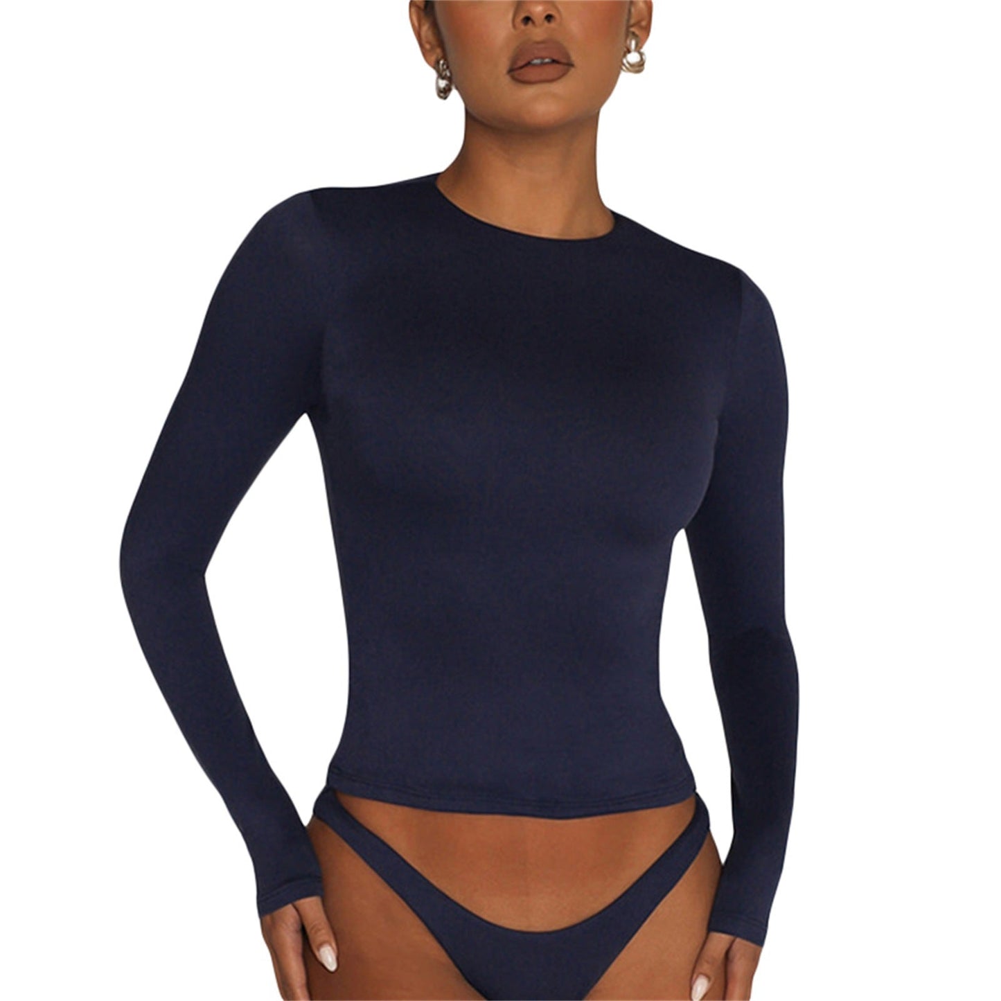 Slim Fit Long Sleeve Crewneck Top in Solid Colors