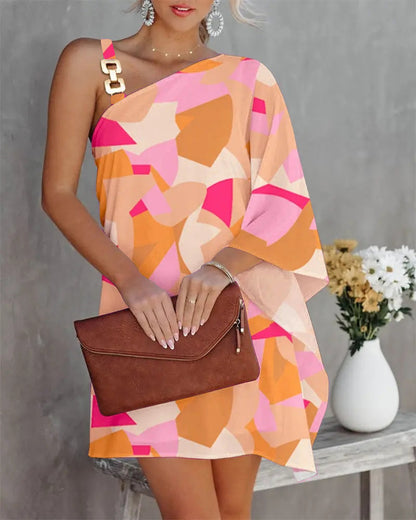 Printed One-Shoulder Mini Dress with Bat Sleeves