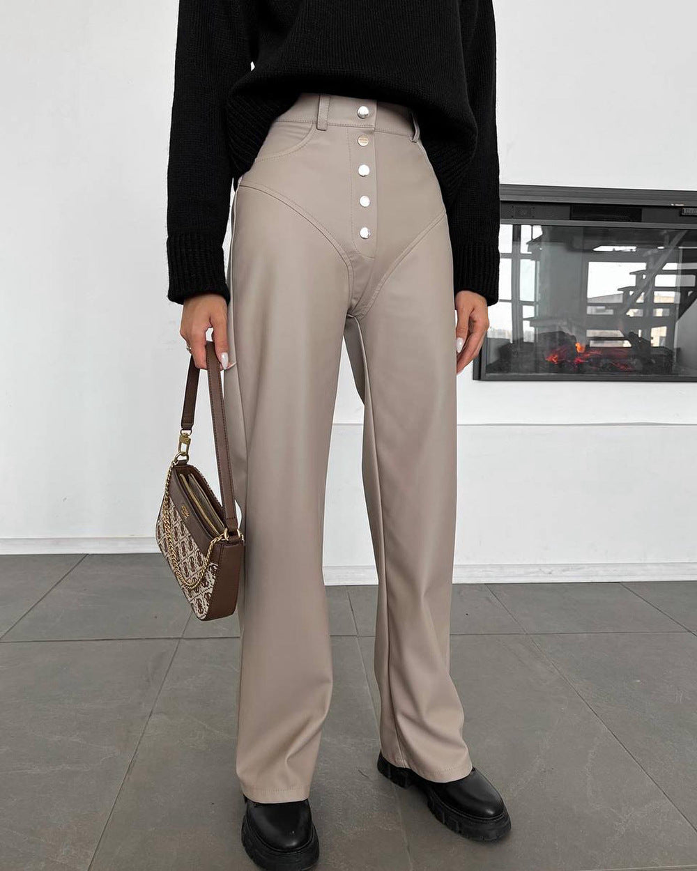 Straight-Leg PU Leather Pants with Exposed Button Fly