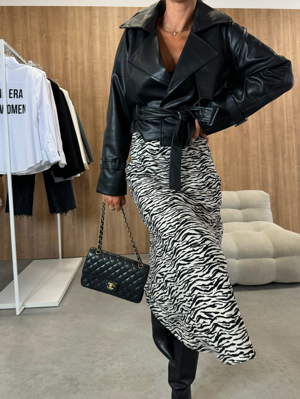 Animal Print Slip Midi Skirt with High Waist