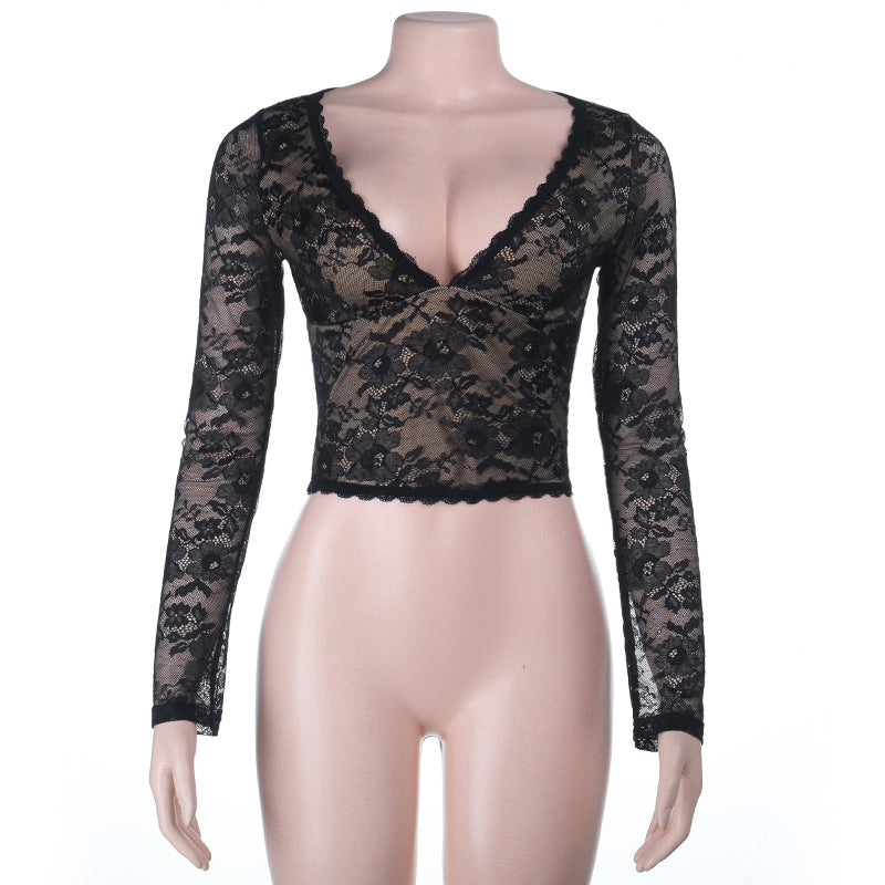Cropped Sheer Lace Top with V-Neck and Long Sleeves