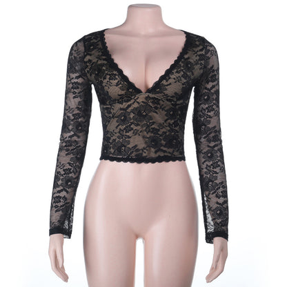 Cropped Sheer Lace Top with V-Neck and Long Sleeves