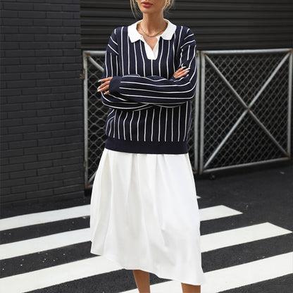 Loose Striped Knit Sweater with Turn-Down Collar
