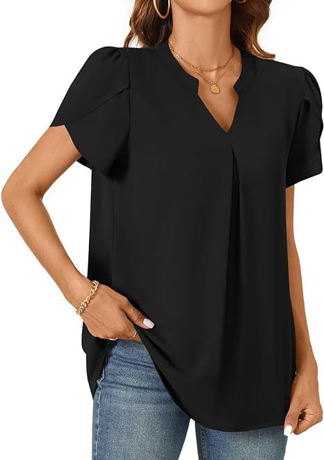 Solid V-Neck Blouse with Petal Sleeves and Pleated Front