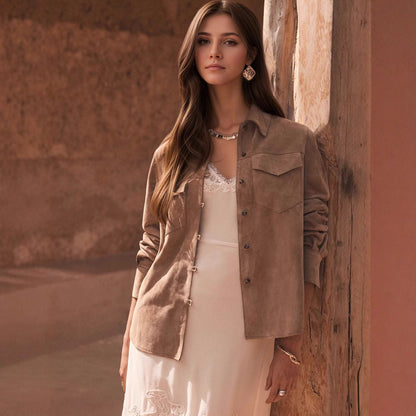 Loose Suede Shirt Jacket with Lapel and Chest Pockets