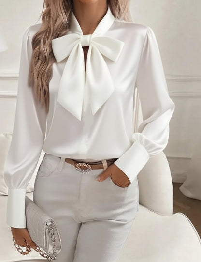 Long Sleeve Satin Blouse with Oversized Bow Collar