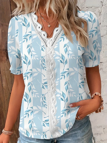 Floral Print Short Sleeve Shirt with Lace V-Neck