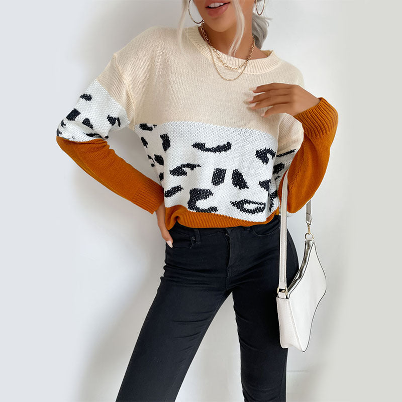 Color-Block Pullover Sweater with Leopard Print