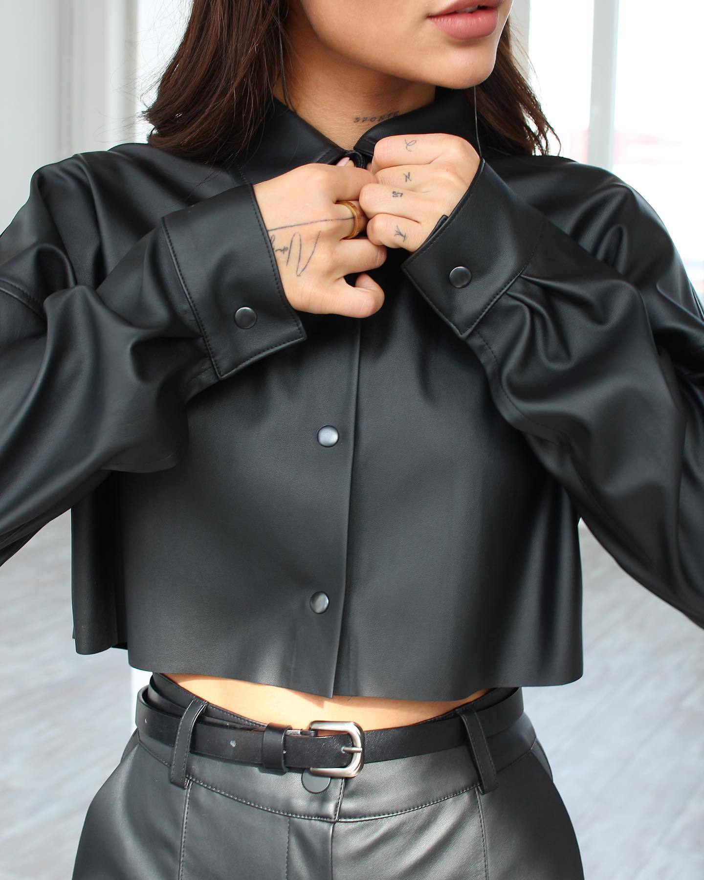 Cropped Faux Leather Shirt with Batwing Sleeves