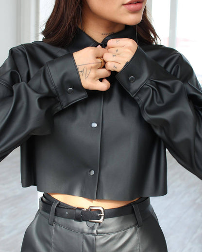 Cropped Faux Leather Shirt with Batwing Sleeves