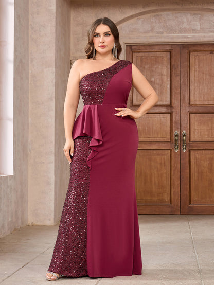 Sheath Long Dress with One-Shoulder and Sequin Panel
