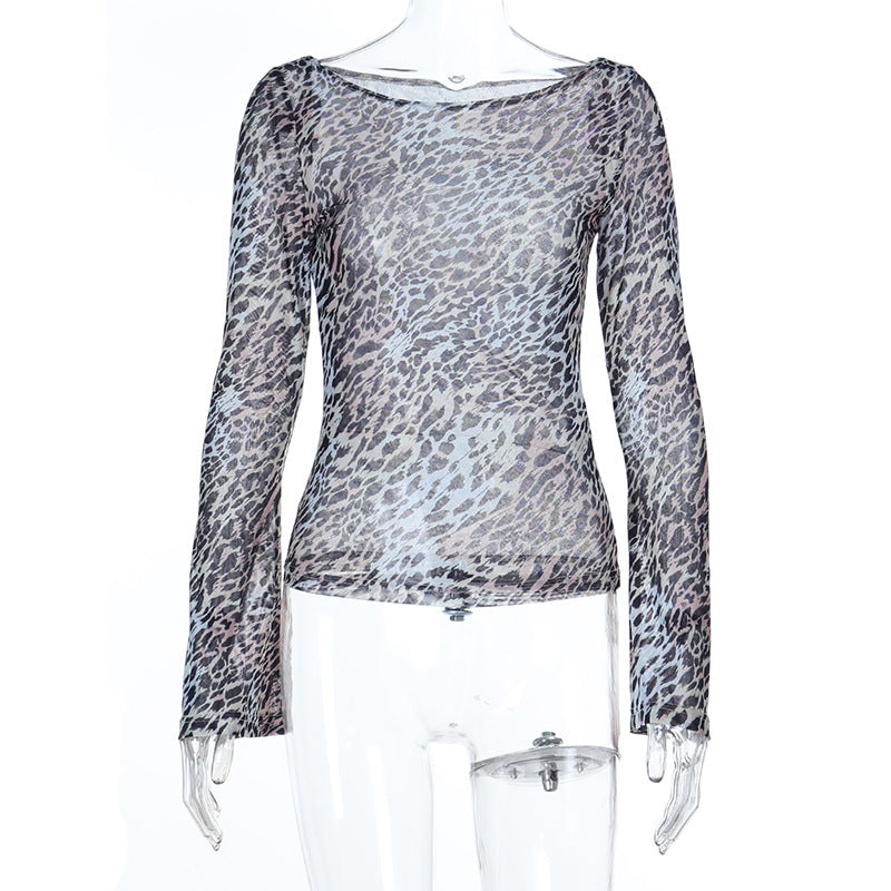 Leopard Print Mesh Top with Flared Sleeves and Round Neck