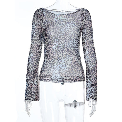 Leopard Print Mesh Top with Flared Sleeves and Round Neck