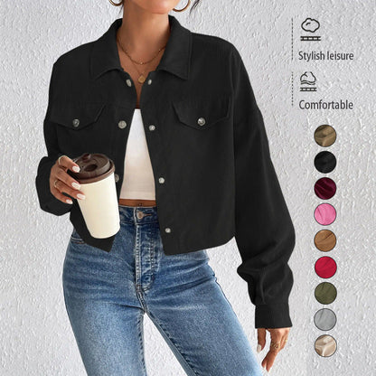 Cropped Corduroy Jacket with Button Front and Chest Pockets