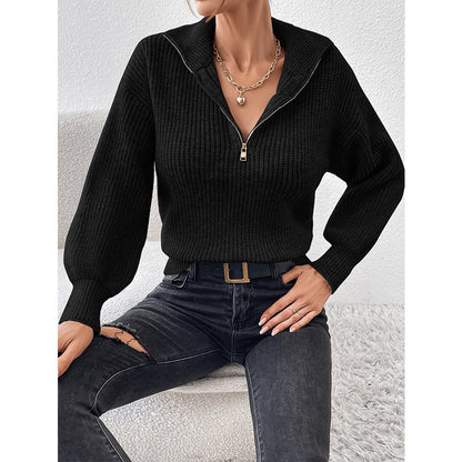 Loose Ribbed Knit Pullover with Half-Zip Polo Collar