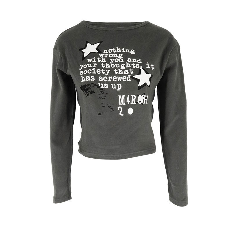 Distressed Cropped Long-Sleeved Top with Graphic Print