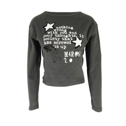 Distressed Cropped Long-Sleeved Top with Graphic Print