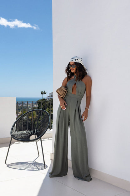Wide-Leg Jumpsuit with Halter Neck and Waist Cut-Out