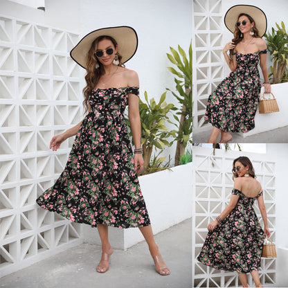 Floral Midi Dress with Off-Shoulder Neckline and Flared Skirt