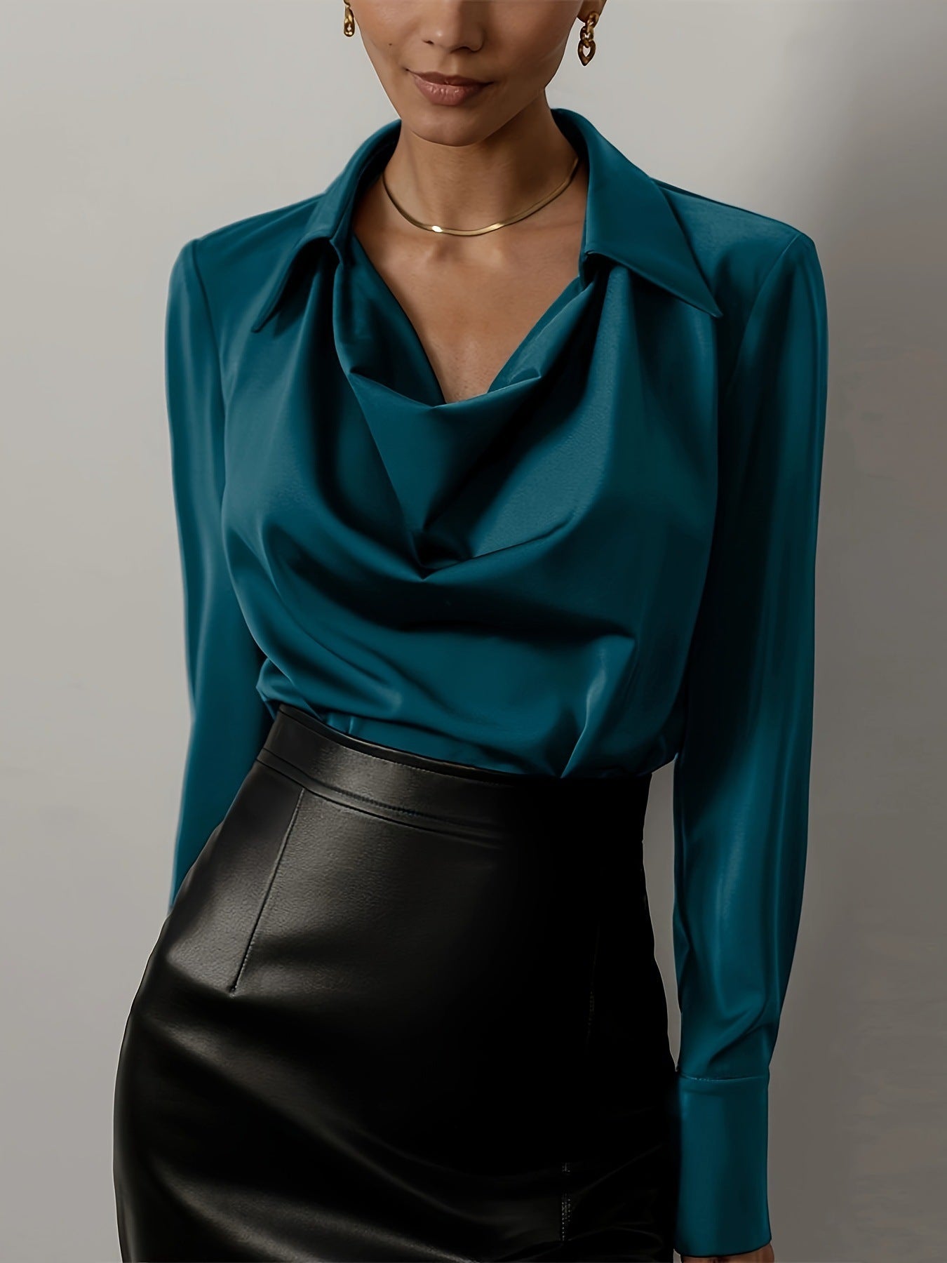 Solid Color Blouse with Cowl Neck and Long Sleeves