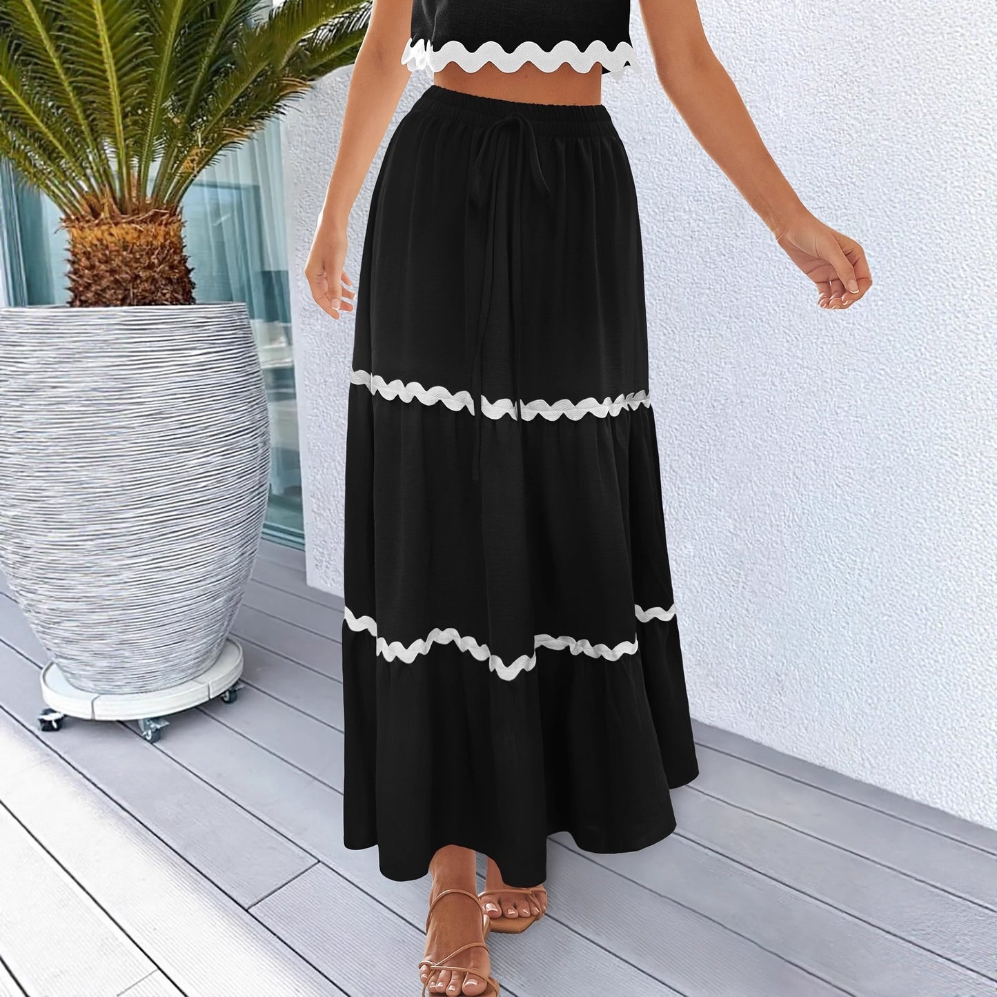 Tiered Maxi Skirt with Scalloped Trim and Drawstring Waist