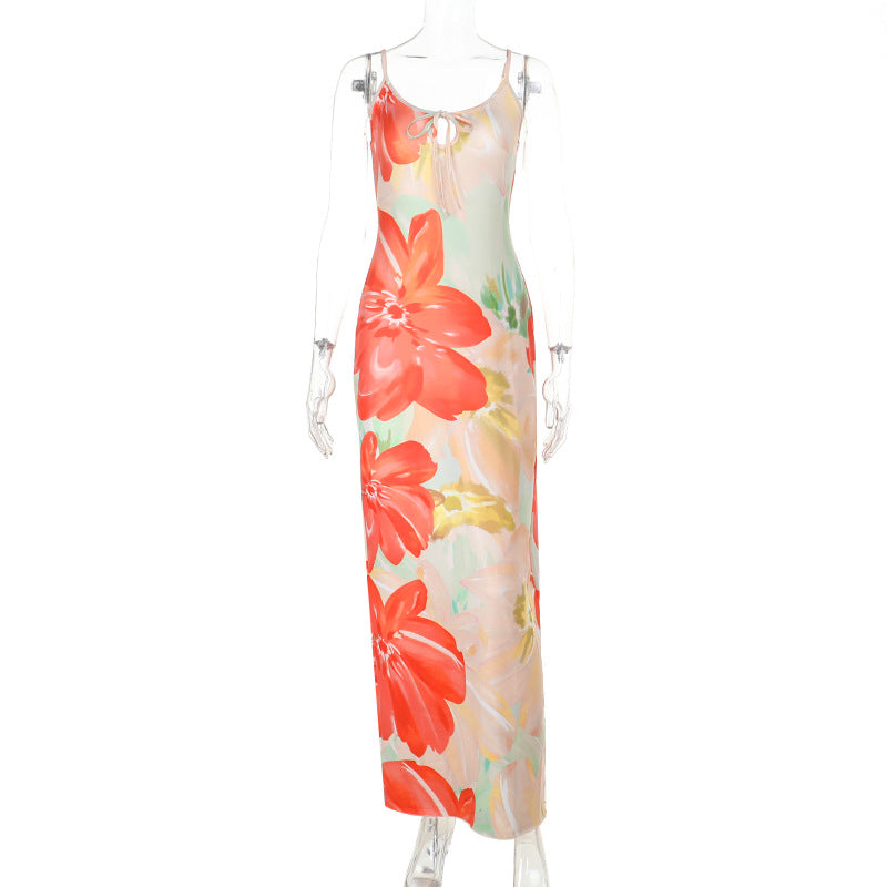 Floral Print Maxi Dress with Tie-Front and Backless Detail